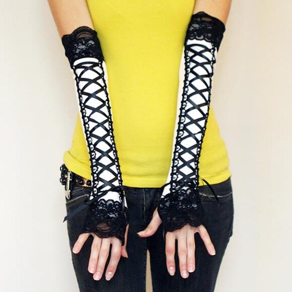 Corset Gloves White Black Arm Warmers Gothic Wedding Bridal Lace Up Cosplay Goth